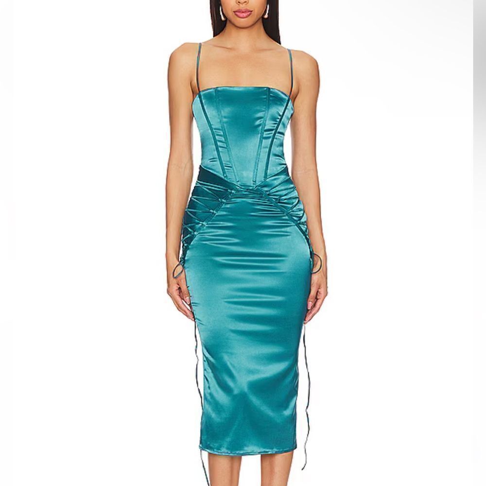 Superdown Angelique Midi Dress Teal satin bustier corset lace up Revolve M